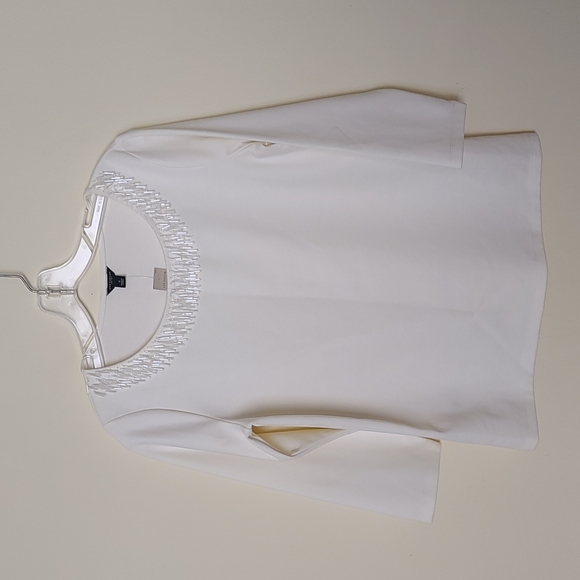 Ann Taylor Winter White Beaded Round Neck 3/4 Sleeves Blouse Size S - Picture 1 of 6